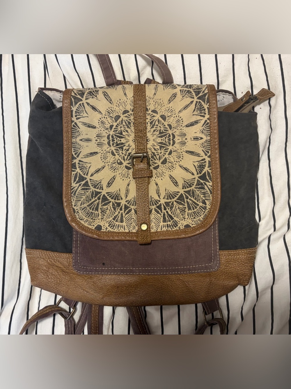 Myra Bag Daisy Delight Canvas & Leather Backpack Purse with Floral-Pattern